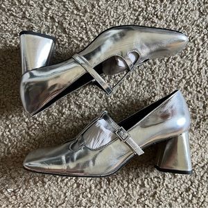 Charles & Keith Silver Block Heel Square Toe Mary Jane Shoes size 38
